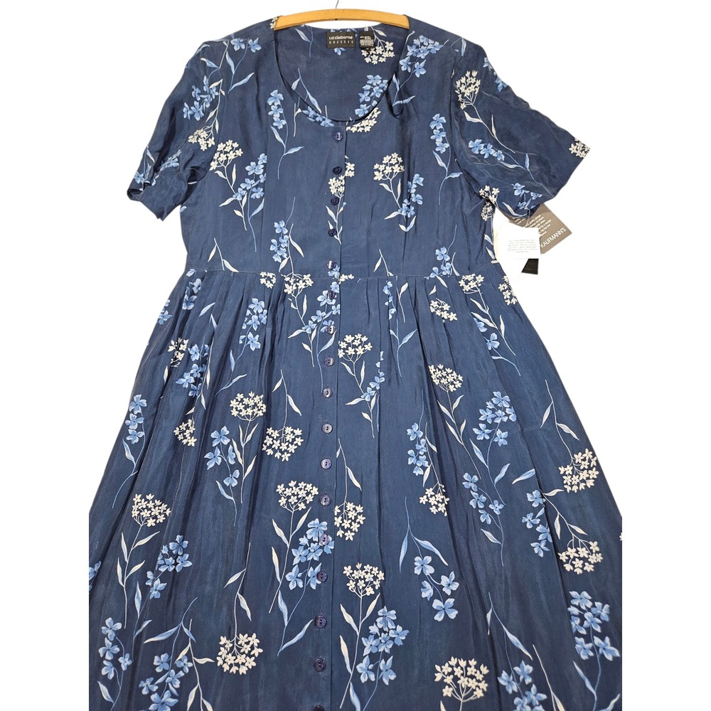 Liz Claiborne VTG 90s Floral Button Front Rayon Midi Dress Navy Blue Sz 16 NWT
